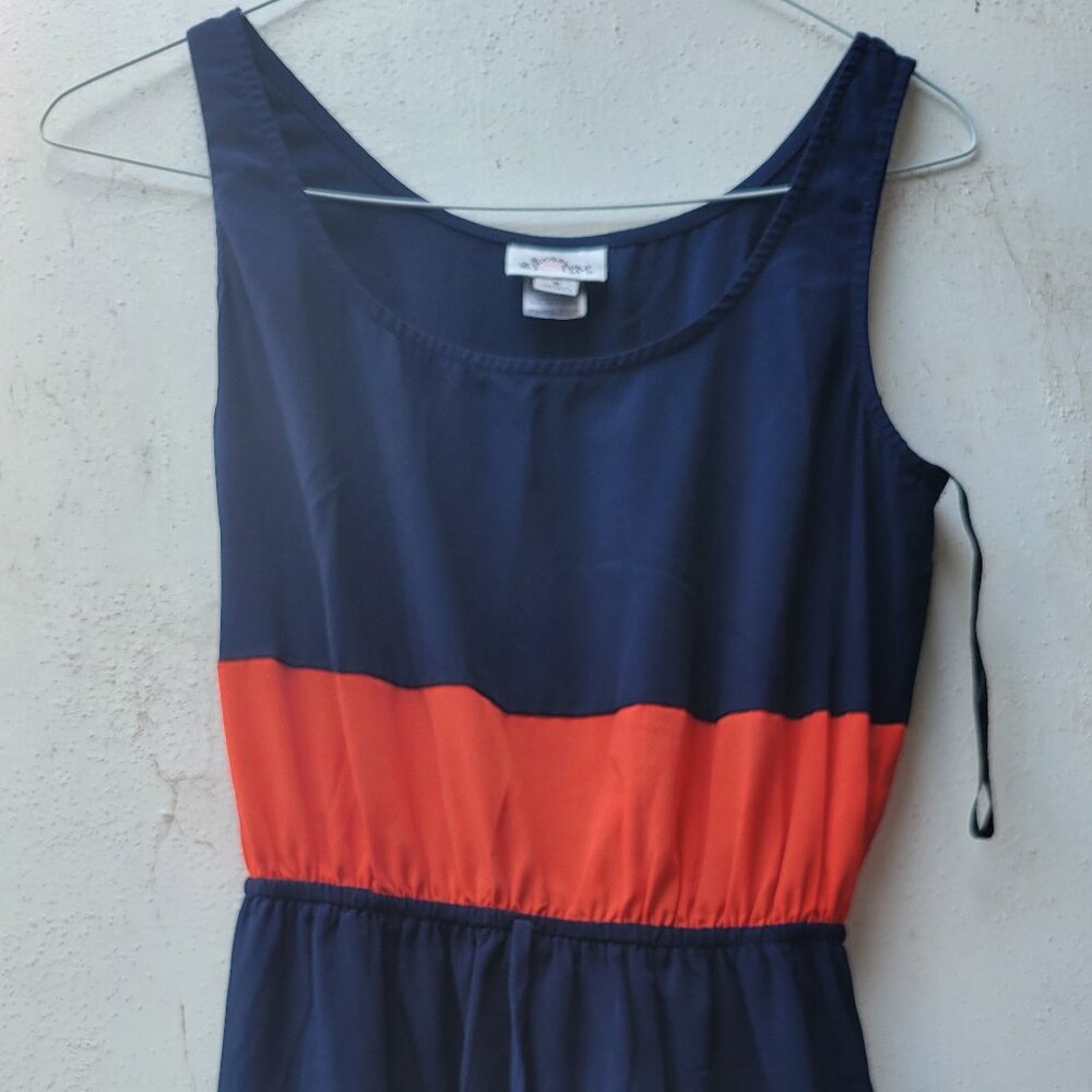 blue and orange striped maxi dress